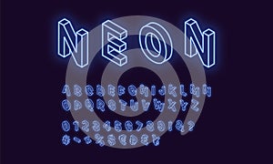 Neon isometric alphabet, Blue color. Outlined Font