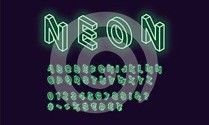 Neon isometric alphabet, Green color. Neon Font
