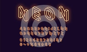 Neon isometric alphabet, Orange color. Neon Font