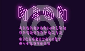Neon isometric alphabet, Purple color. Neon Font