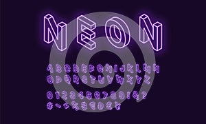 Neon isometric alphabet, Violet color. Neon Font