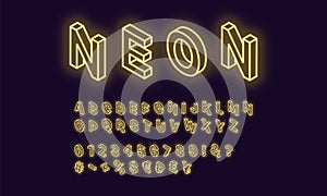 Neon isometric alphabet, Yellow color. Neon Font