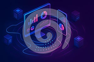 Neon Isometric Data Analytics Dashboard on Desktop and Mobile