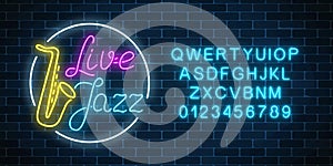 Neon jazz cafe with live music and saxophone glowing sign with alphabet. Glowing street signboard