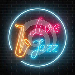 Neon jazz cafe with live music and saxophone glowing sign on a dark brick wall background.