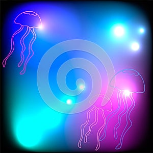 Neon jellyfish on abstract sea background with bokeh lights