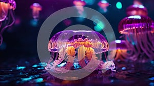 neon jellyfish on the ocean floor, Marine life