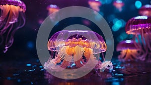 neon jellyfish on the ocean floor, Marine life