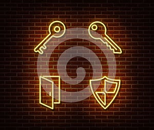 Neon keys, shield, door signs vector isolated on brick wall. Neon protection light symbol. Vector il