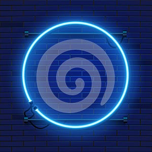 Neon lamp circle frame on brick wall background. Las Vegas concept.