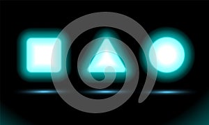 Neon lamp Square, triangle and circle, for presentation design on black background. Modern fluorescent banner. Dark vector