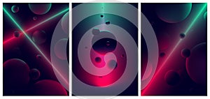 Neon laser line glow illuminates a spheres,  Abstract background space and planet , Futuristic vector gradient poster in retro