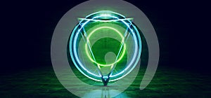 Neon Laser Sci Fi Circle Green Blue Futuristic Concrete Grunge Hall Tunnel Stage Room Triangle Abstract Cables Form Structure