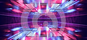 Neon Laser Stage Cyber Virtual Reality Blue Purple Glowing Beams Reflective Floor Dark Night Empty Spaceship Corridor Tunnel