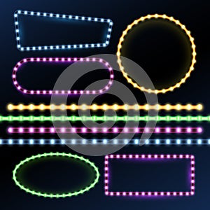 Neon and led strips and diode light border frames vector set