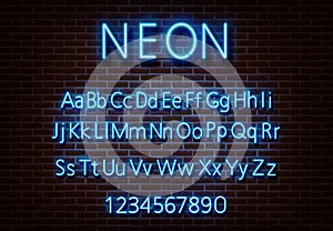 Neon letter alphabet sign vector. Blue font light sign isolated on brick wall. Neon light text templ