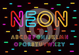 Neon letters, numbers and symbols set. Colored tube, colorul contour modern style abc, lines latin alphabet. Fonts for