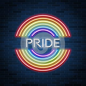 Neon LGBT pride sign, glowing rainbow, gay love celebration, vector illustration