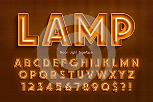 Neon light 3d alphabet, extra glowing font.