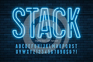 Neon light 3d alphabet, extra glowing modern type.