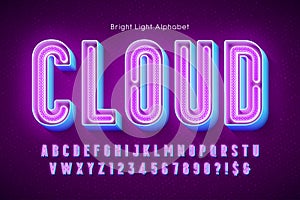 Neon light 3d alphabet, extra glowing modern type.