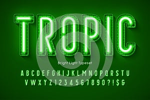 Neon light 3d alphabet, extra glowing modern type.