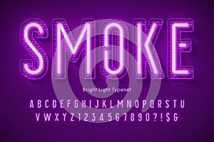 Neon light 3d alphabet, extra glowing modern type.