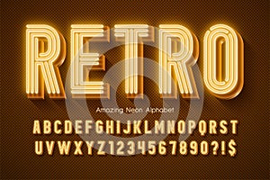 Neon light 3d alphabet, extra glowing modern type.