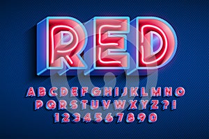 Neon light 3d alphabet, extra glowing original font.