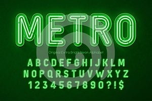 Neon light 3d alphabet, retro-futuristic original type.