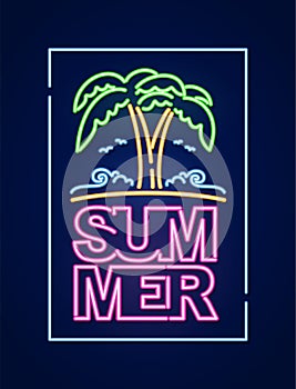 Neon light 3d text composition of Summer with palm tree and beach. Nightlife poster disign