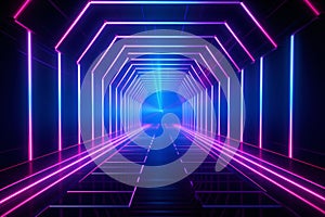 Neon light abstract background. Hexagon tunnel or corridor violet neon glowing lights. Laser lines and LED technology create glow