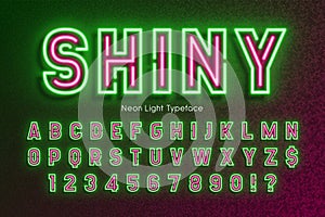 Neon light alphabet, extra glowing font, type