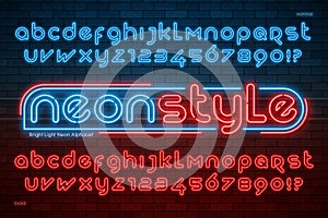 Neon light alphabet, extra glowing modern type.