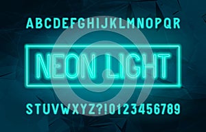 Neon Light alphabet font. Glowing neon color letters and numbers.
