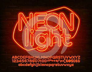 Neon light alphabet font. Orange neon letters, numbers and punctuation.