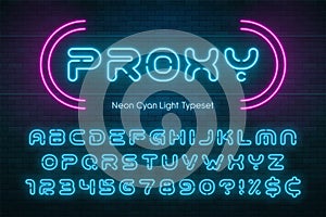 Neon light alphabet, futuristic extra glowing font