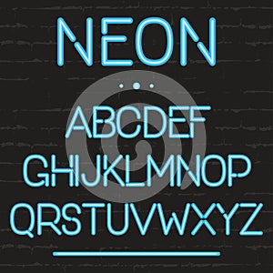 Neon light alphabet. Glowing english letters for signboards, movie, theatre, casino, advertising