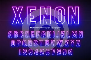 Neon light alphabet, multicolored extra glowing font