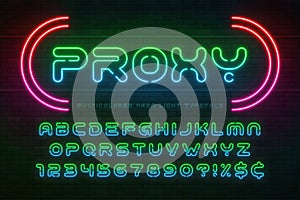 Neon light alphabet, multicolored extra glowing font.