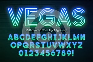 Neon light alphabet, multicolored extra glowing font