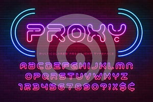 Neon light alphabet, multicolored extra glowing font.