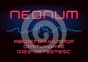 Neon light alphabet, realistic extra glowing futuristic font. Ex