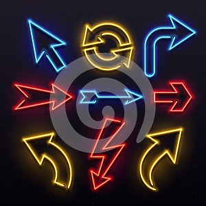 Neon light arrows. Colorful bulb lines arrow. Nightlife tube lights arrowhead pointers. Lamps vivid vector set