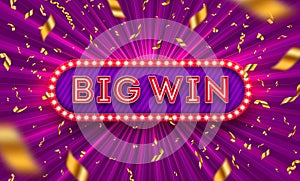 Neon light big win retro signboard and golden foil confetti against a light burst background. photo