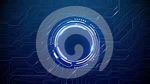 Neon light blue circle portal on futuristic technology circuit board.