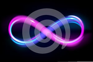 Neon light blue and violet infinity symbol on black background, glowing line of eternal sign, energy, vector