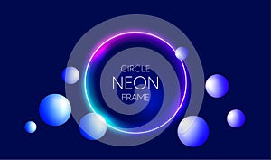 Neon light circle frame background. Abstract cosmic vibrant color banner. Glowing neon led light. Vector illustration