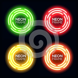 Neon light circle set. Shining round techno frame.