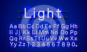 Neon light color blue font. English alphabet and numbers sign
